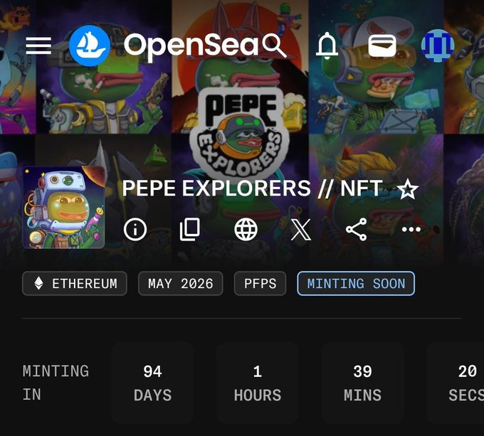 The image shows an OpenSea NFT collection page for "PEPE EXPLORERS" featuring a countdown timer of 94 days, 1 hour, 39 minutes, and 20 seconds until minting begins in May 2026, set against a backdrop of Pepe-themed characters. This relates to the post by praising the project's graphic quality and attention to detail, which is evident in the visually detailed character art shown throughout the listing.