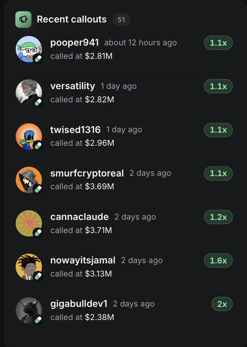 The image displays a "Recent callouts" list featuring 51 users who made successful trading calls on $LMAO, with multipliers ranging from 1.1x to 2x, including notable entries like pooper941 at $2.81M and gigabulldev1 achieving a 2x call. This visualizes the growing bullish sentiment around $LMAO on Pumpfun/PumpfunEco by showcasing the community's recent winning predictions.