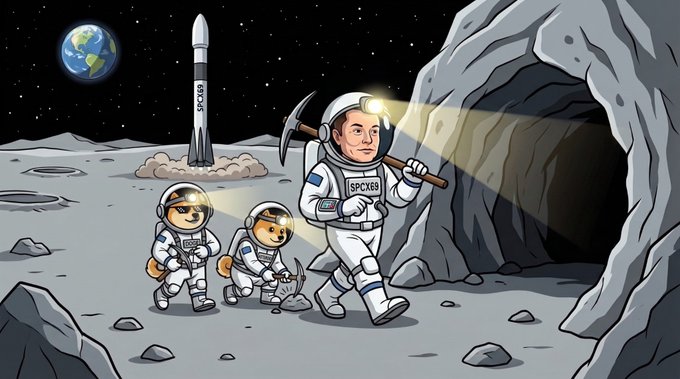 A cartoon scene depicts an astronaut, a cat, and a dog in space suits with "SPACE69" patches exploring a lunar surface with a rocket in the background and Earth visible in the sky.