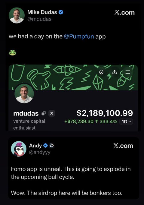 Mike Dudas (@mdudas) tweets about having "a day on the @Pumpfun app," showing a portfolio gain of $2,189,100.99 (up $78,239.30, 333.4%) under his "mdudas" profile, while Andy (@andyyyy) calls the "Fomo app" unreal and predicts an "exploding" bull cycle with a "bonkers" airdrop. The image illustrates the early FOMO vs. Pumpfun rivalry the post references, highlighting influencers already publicly taking sides between the two competing memecoin platforms.
