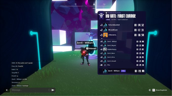 A screenshot from a video game displays a leaderboard for an 'OV-NATE FIRST CHARGE' race, showing player names and times, with a chat box visible on the left.