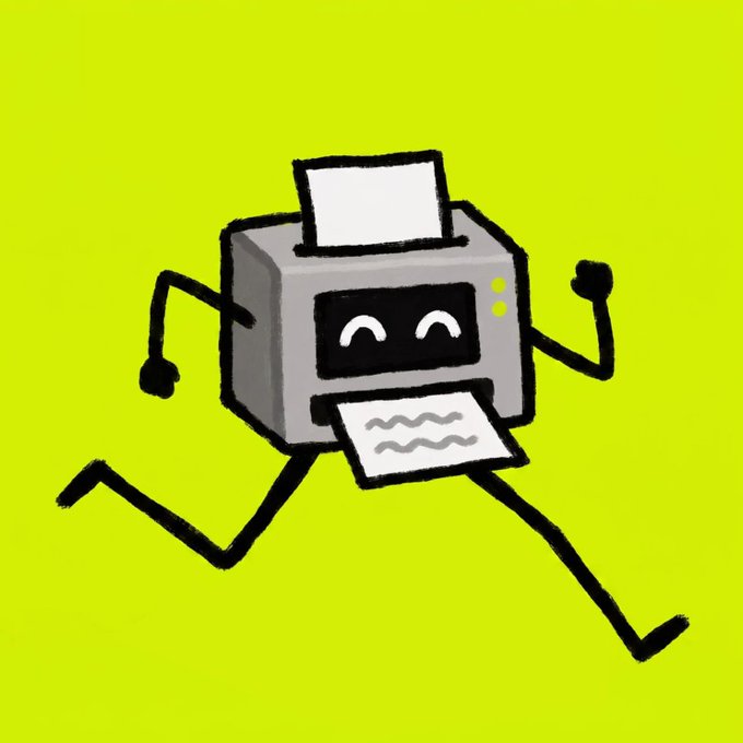 A cheerful cartoon printer with a smiling face runs energetically across a bright yellow background, arms and legs flailing in motion as it prints out sheets of paper. The lively illustration humorously visualizes the "PRINTER IS RUNNING" post, anthropomorphizing the machine to show it's actively—and enthusiastically—producing documents.