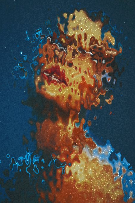 A vibrant, textured painting showing a profile portrait of a face rendered in splatters and drips of orange, yellow, and blue paint against a dark blue background.