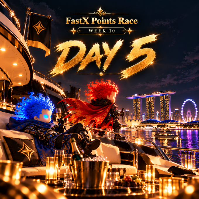 A promotional graphic titled 'FastX Points Race WEEK 10 Day 5' features two stylized characters with blue and red hair relaxing on a luxury yacht overlooking the illuminated Marina Bay Sands and Singapore Flyer.
