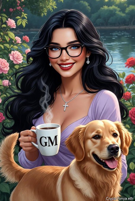 A digital illustration by Crypto Tonya showing a woman with long dark hair, glasses, and a cross necklace holding a 'GM' coffee mug, accompanied by a golden retriever against a floral background.