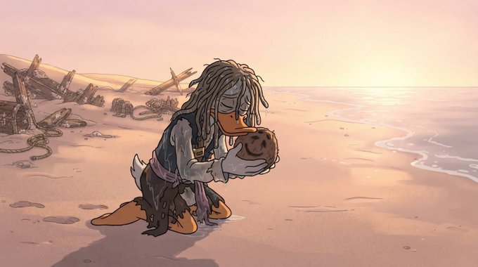A Disney-style animated illustration of a duck character with long dreadlocks and tattered clothing kneeling on a beach at sunset, gently holding a worn ball or skull in its hands.