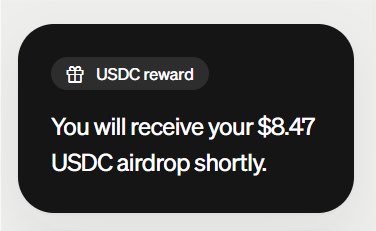 This image shows a notification indicating "You will receive your $8.47 USDC airdrop shortly," which directly relates to the post's sarcastic commentary on receiving free cryptocurrency, like USDC, through marketing tactics.