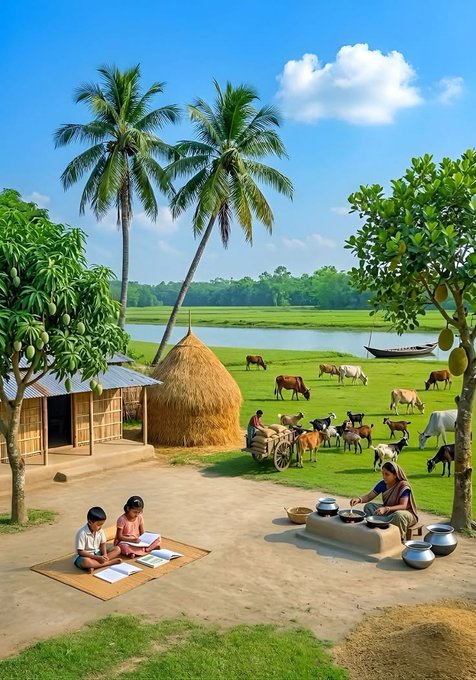 The image shows a group of people sitting around a table, with bowls placed on top of the table. The scene takes place near a river or lake, where several cows are grazing peacefully. In the background, there are palm trees and houses, creating an idyllic rural setting. The post about @RiverdotInc seems to be promoting a new cryptocurrency called Ripple, which is gaining popularity in the financial world.