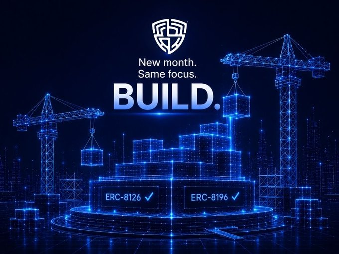 A promotional graphic with blue neon construction cranes and building blocks displays 'New month. Same focus. BUILD.' along with 'ERC-8126' and 'ERC-8196' tokens marked with checkmarks.