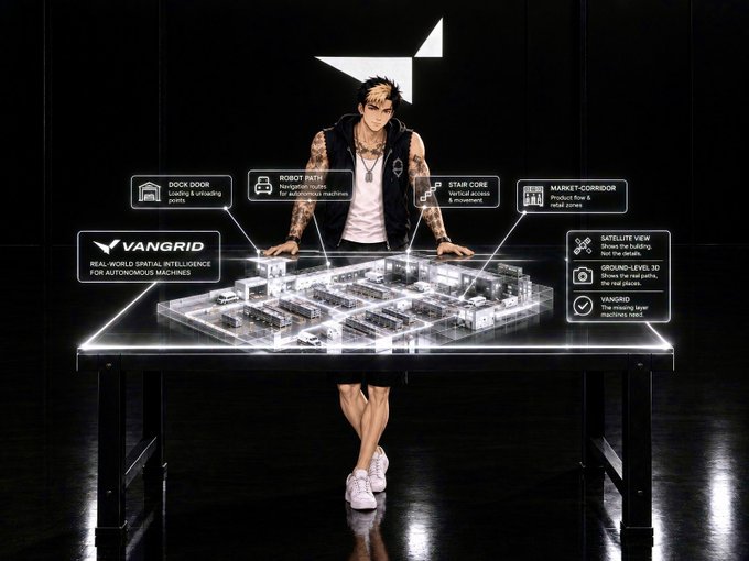 An anime-style character standing behind a glowing holographic table displaying a factory layout, with labels like 'DOCK DOOR', 'ROBOT PATH', 'STAIR CORE', 'MARKET CORRIDOR', 'SATELLITE VIEW', and the 'VANGRID' logo promoting real-world spatial intelligence for autonomous machines.