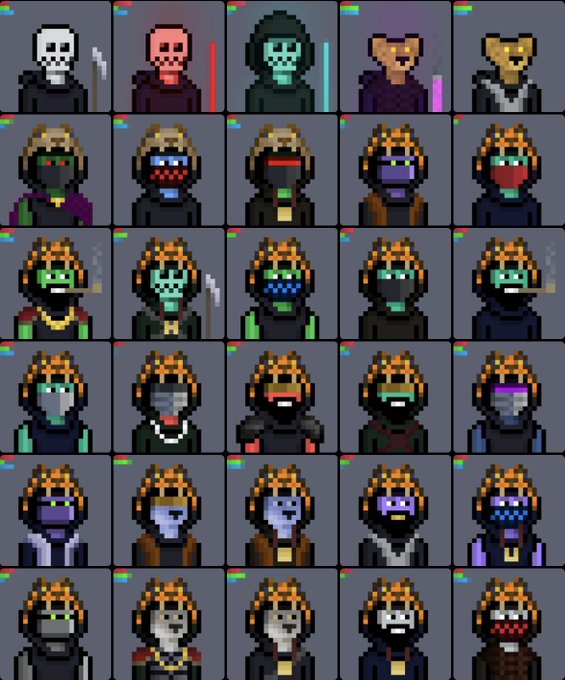 A grid of pixel art character portraits displays various skeleton, alien, and masked figures in different colored hoods.