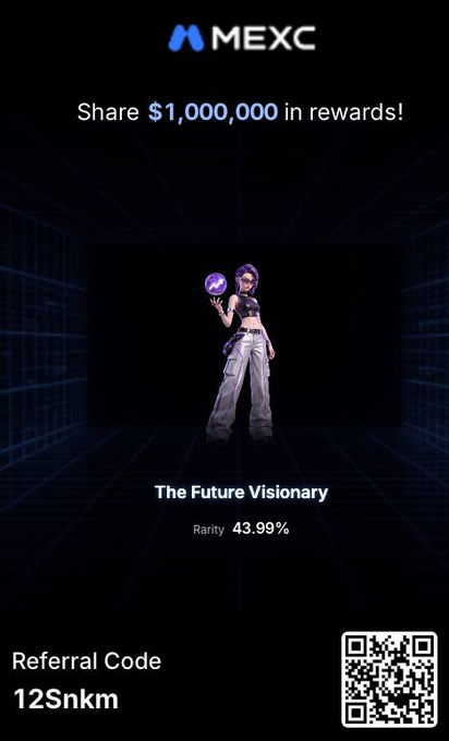 A MEXC cryptocurrency exchange promotional graphic advertising 'Share $1,000,000 in rewards!' featuring an anime-style female character holding a coin, labeled 'The Future Visionary' with 'Rarity 43.99%', a referral code '12Snkm', and a QR code.