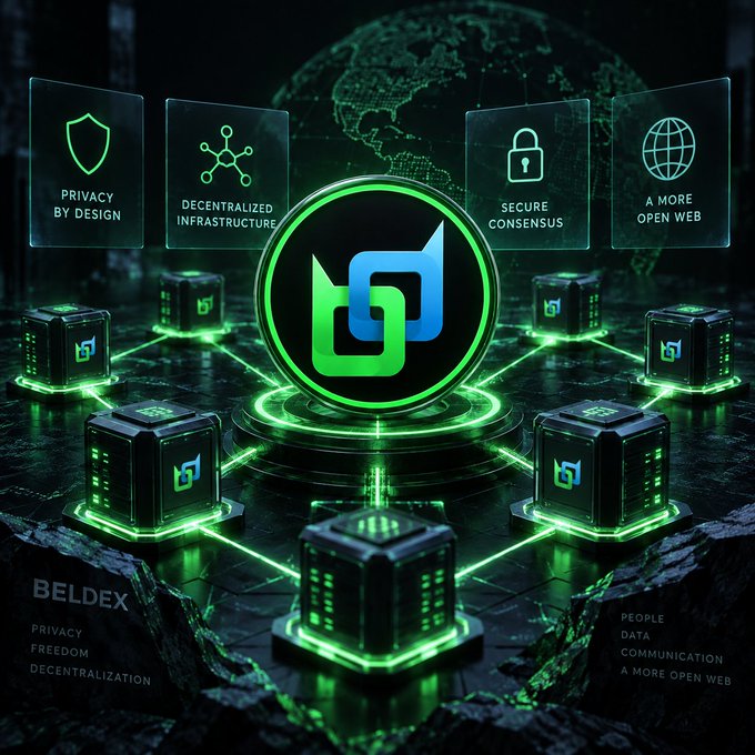A dark digital illustration displays a central 'B' logo surrounded by glowing green server nodes connected in a network, with floating panels labeled 'PRIVACY BY DESIGN', 'DECENTRALIZED INFRASTRUCTURE', 'SECURE CONSENSUS', and 'A MORE OPEN WEB'. The text 'BELDEX' appears with keywords 'PRIVACY', 'FREEDOM', 'DECENTRALIZATION', 'PEOPLE', 'DATA', 'COMMUNICATION'.
