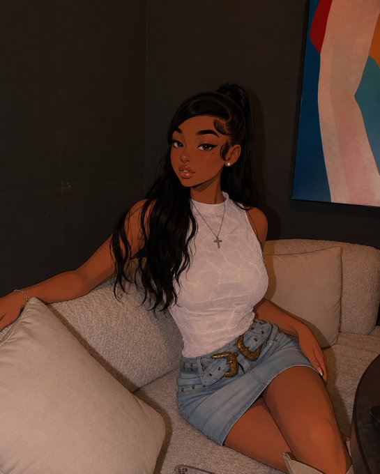 A stylized illustration of a woman with long dark hair in a high ponytail, wearing a white tank top, cross necklace, and denim skirt with a gold buckle, sitting on a couch.