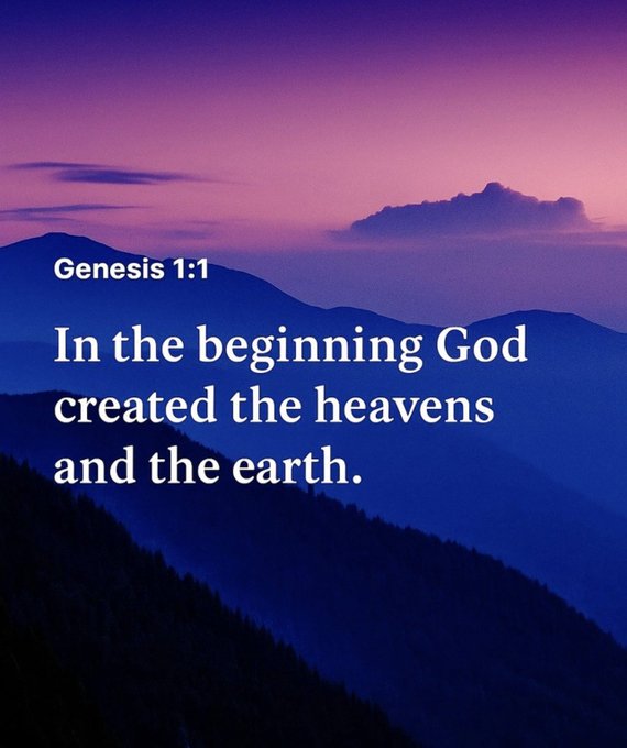 A purple and blue mountain landscape at twilight serves as the background for the Bible verse Genesis 1:1, displayed in white text: 'In the beginning God created the heavens and the earth.'