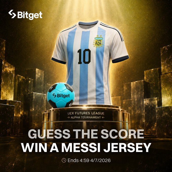 Bitget 'Guess The Score, Win A Messi Jersey' promotion featuring an Argentina #10 jersey and Bitget soccer ball trophy on a UEX Futures League Alpha Tournament pedestal, ending 4/7/2026.