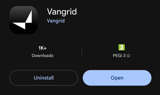 The image shows the Google Play Store listing for "Vangrid," displaying its app icon, 1K+ downloads, PEGI 3 age rating, and Open/Uninstall buttons—illustrating the app's availability mentioned alongside the project's recent $9M funding announcement.