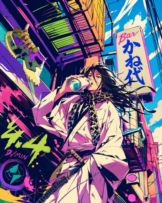 The image features a woman dressed in a white robe, holding a drink in her hand while standing outside of a bar with neon lights. The background includes a building and a sign that reads "Bar" written in Japanese characters. The overall color palette is vibrant, with shades of pink, purple, blue, green, and yellow.