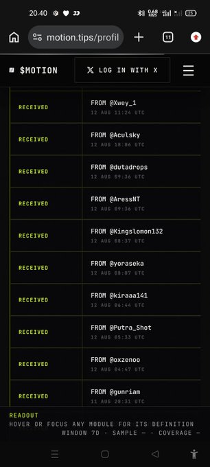 A mobile screenshot of a profile page on motion.tips/profile shows 12 entries of "RECEIVED" tips from users like @Xwey_1, @AcuLsky, @dutadrops, @AresBNT, @Kingslomon132, @yoraseka, @kiraaa141, @Putra_Shot, @oxzenoox, and @qunriam, dated August 11-12 UTC. The image visually supports the post's claim about receiving limited tips from a larger pool of users.