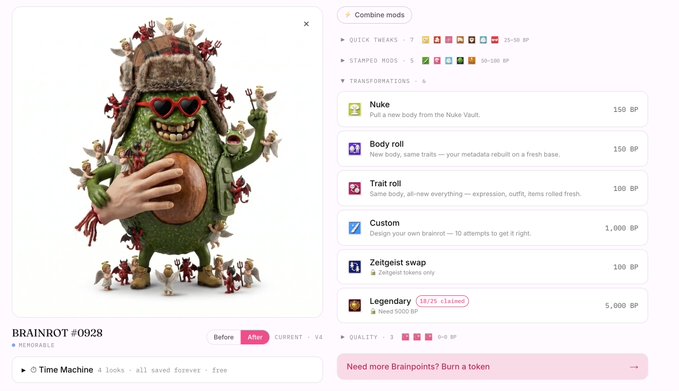 The image shows a webpage interface for "BRAINROT #0928," featuring a green avocado-like creature wearing a trapper hat and heart sunglasses, surrounded by tiny mouse figures, with various mod options listed including "Nuke" (150 BP), "Body roll" (150 BP), and "Legendary" (5,000 BP), alongside toggles for traits like "Quick Treaks," "Stamped Rods," and "Transformations." This visually represents the creator's work-in-progress on the BRAINROT project mentioned in the post, showcasing the character's customization features and metadata interface they're developing.
