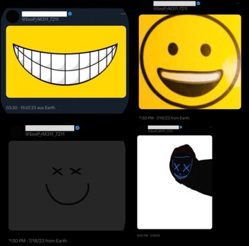 The image shows a collage of four social media posts featuring stylized emoji faces (a grinning yellow face with large teeth, a classic smiley, a minimalist dark face with "xx" eyes, and a black mask with "xx" eyes), dated around late July 2023, which aligns with the post's reference to the Egyptian calendar end of year on 7/18.