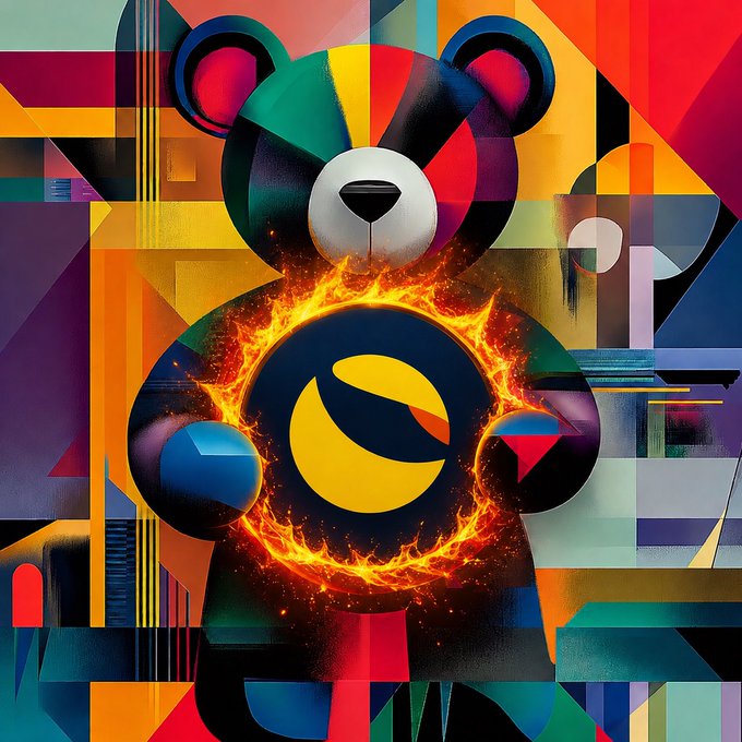 A bold, geometric pop-art illustration of a teddy bear holding a flaming orb with a stylized "L" emblem, set against a vibrant mosaic of colorful shapes, visually representing the fiery resilience of LUNC holders in the crypto community.