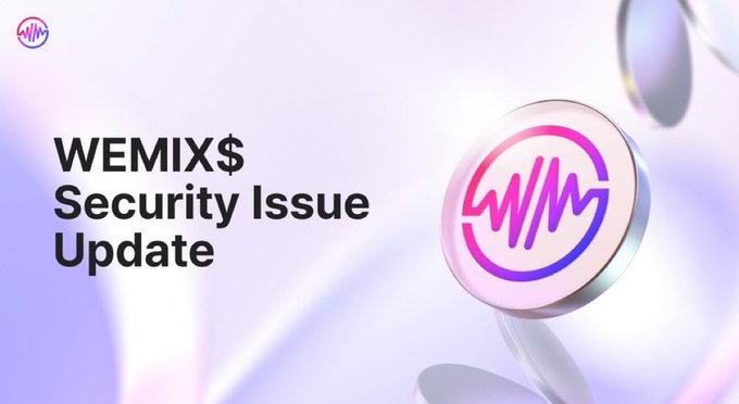 A graphic titled 'WEMIX$ Security Issue Update' featuring the Wemix logo emblem on a purple and white gradient background.
