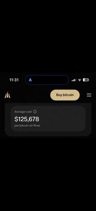 The image shows a screenshot from the River Bitcoin app displaying an average cost of $125,678 per bitcoin. This corresponds to the post, where the user mentions buying 3 coins at $126k and mentions their average price.
