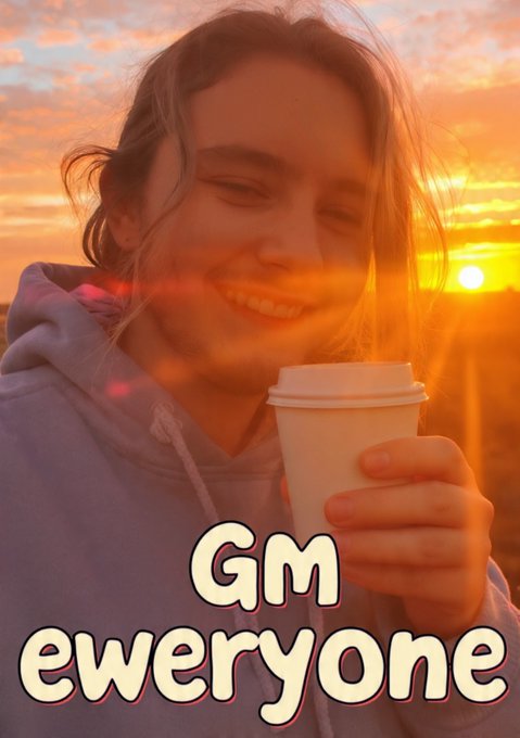 A woman smiling at sunset holding a white coffee cup, with overlaid text reading 'GM eweryone'.