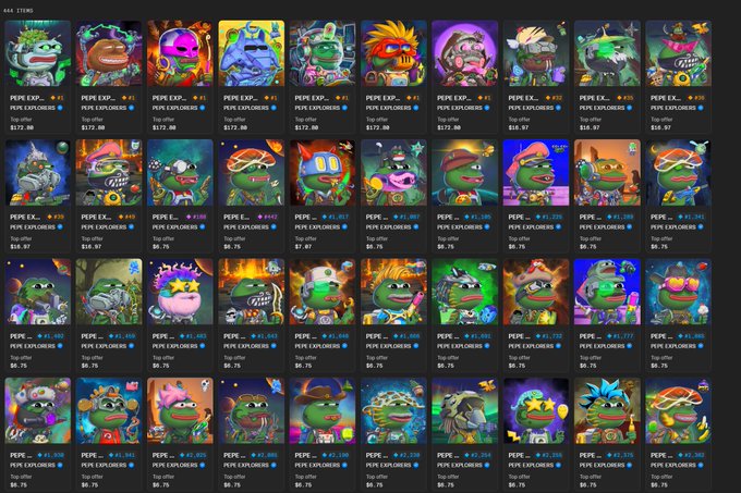 A digital marketplace display shows a grid of 40 Pepe Explorer NFTs with "PEPE EXP..." titles, each priced at approximately $172.00 or listed as "Top offer" at $8.75, supporting the post's claim about Pepe Explorers being a strong contender for a 1 ETH floor price on the NPC chain.