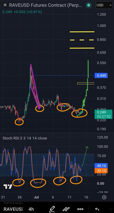 A TradingView 4-hour chart of RAVEUSD Futures Contract shows the price at $0.249 (+0.81%), with a massive green vertical spike shooting up to around $0.50 after a prolonged downtrend—visually capturing the shocking, explosive rally that left the poster speechless with "What. In the. Fuck $RAVE."