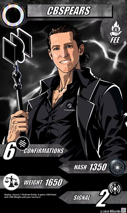 A trading card titled 'CBSPEARS' depicts an illustrated man in a black jacket holding a weapon, with stats including '6 CONFIRMATIONS', 'HASH 1350', 'WEIGHT 1650', and 'SIGNAL 2', credited to '©2026 Blizrds'.