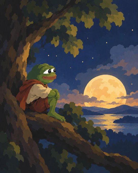 A pixel art-style illustration of Kermit the Frog wearing a red vest, sitting on a tree branch looking out at a large full moon over water at night.