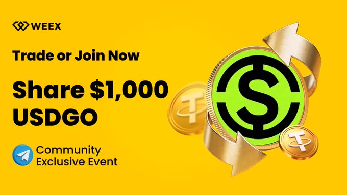 The main focus of this image is a sign that promotes an exclusive trading event for the website WeEx, which seems to be related to trading or investing in cryptocurrencies such as USDT (US dollar cryptocurrency). The background color of the picture is yellow with some gold accents on it. There are three large coins featured in the logo, and one of them appears to have the value of $1,000. This event offers a chance for individuals to join by sharing $1,000 worth of cryptocurrency. The text on the sign reads "Trade or Join Now" and provides information about the trading event, including an email address for further inquiries at weex@osl-hk.
