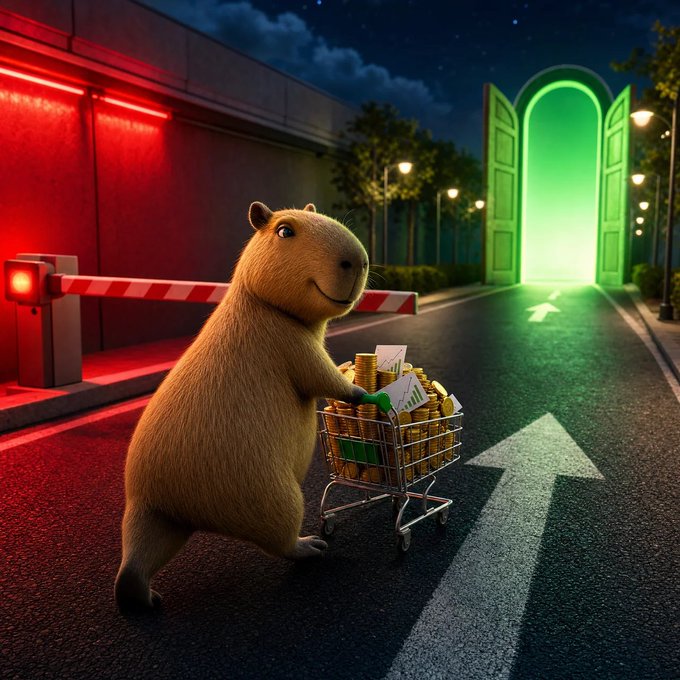A 3D-rendered capybara pushing a shopping cart full of gold coins through a red-lit barrier gate toward an open green portal on a road at night.