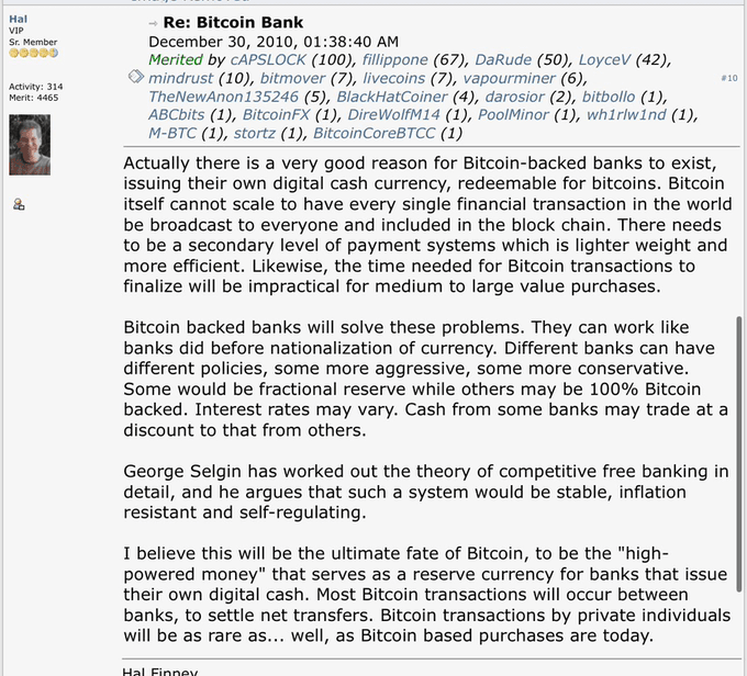 This image shows a December 30, 2010 forum post from Hal Finney discussing "Bitcoin Banks," in which he argues that Bitcoin-backed banks will solve scalability issues by acting as a secondary payment layer, predicting that most Bitcoin transactions will occur between banks to settle net transfers while everyday Bitcoin transactions by private individuals will be rare.