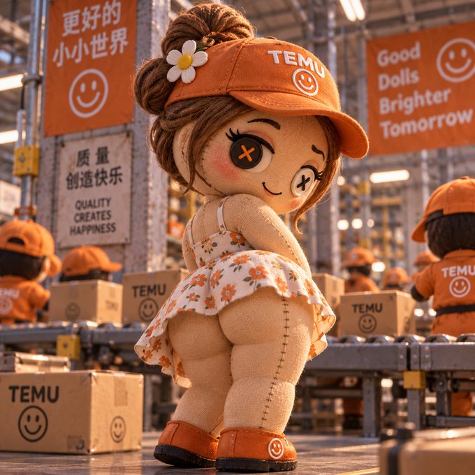 A plush doll figure wearing a TEMU cap and floral dress stands in a warehouse setting with orange banners reading 'Quality Creates Happiness' and 'Good Dolls Brighter Tomorrow' alongside TEMU-branded boxes.