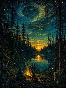 A dreamy painted scene of a person and animals gathered around a campfire by a lake under a swirling, starry night sky framed by tall pine trees.