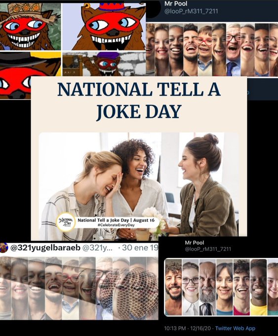 A Twitter screenshot showing a "National Tell a Joke Day" graphic dated August 16, posted by user "Mr Pool" (@loop_M311_7211) with a reply mentioning @321yugelbaraeb, surrounded by cartoon and photo collages, timestamped 10:13 PM on 12/16/20 via Twitter Web App.