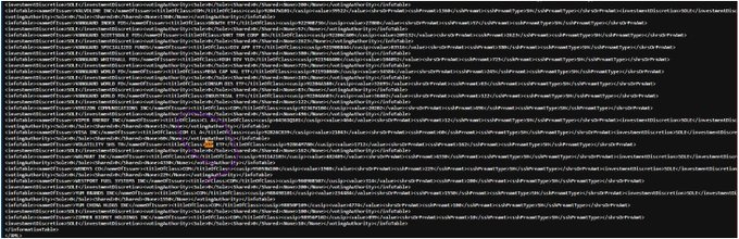 The image shows a computer screen displaying raw, mostly illegible SEC filing data (likely an EDGAR XML document) with the highlighted text "Ripple Labs Inc" visible. This relates to the post as it visually supports the claim that Bullseye Investment Management disclosed a 13F position involving Ripple Labs, the issuer of the XRP token associated with the Volatility Shares XRP ETF.