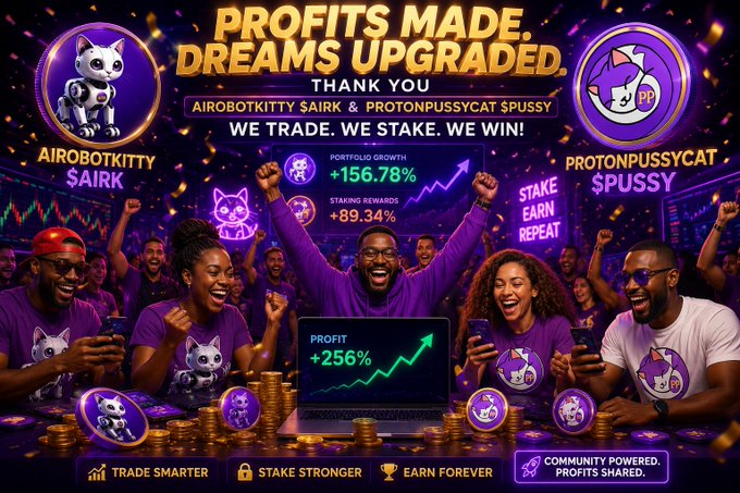 A promotional graphic celebrating 'PROFITS MADE, DREAMS UPGRADED' featuring AIROBOTKITTY $AIRK and PROTONPUSSYCAT $PUSSY memecoins, with stats showing +156.78% portfolio growth and people cheering around a profit chart.