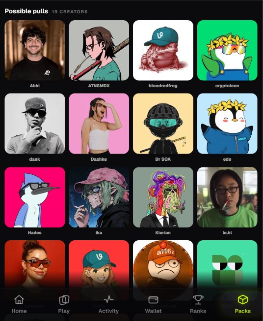 A mobile app screen titled 'Possible pulls' displaying 19 creator profile pictures, including usernames like Abhi, ATNSMOX, bloodredfrog, cryptoleon, dank, Dashke, Dr SOA, edo, Hades, ika, Kierlan, and le.Ni.