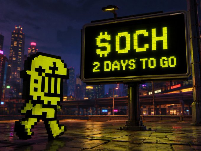 A pixelated green character with X eyes walking past a digital billboard in a cyberpunk cityscape, with the sign displaying '$OCH 2 DAYS TO GO'.