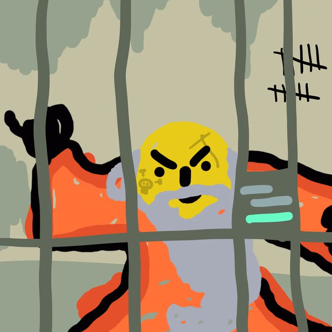 The image shows a stylized cartoon wizard with a yellow face, stern expression, and gray beard, depicted behind gray prison bars set against an orange and green background, with tally marks in the upper right corner counting toward the 10,000 collection—aligned with the post announcing Wizard #224 of the "10,000 Bitcoin Wizards" series, where the barred enclosure likely symbolizes holding (or "locking up") Bitcoin on its journey to $1,000,000.