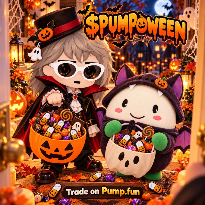 A Halloween-themed promotional graphic titled '$PUMPOWEEN' shows a chibi vampire and a plush bat character holding pumpkin baskets of candy, with 'Trade on Pump.fun' at the bottom.