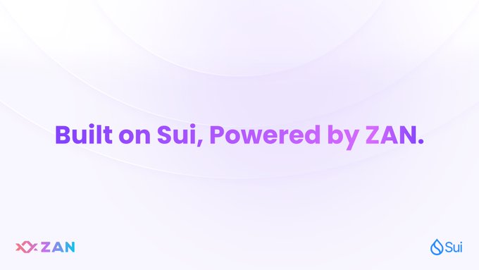A minimalist purple and white banner reading 'Built on Sui, Powered by ZAN.' with the ZAN logo on the bottom left and Sui logo on the bottom right.