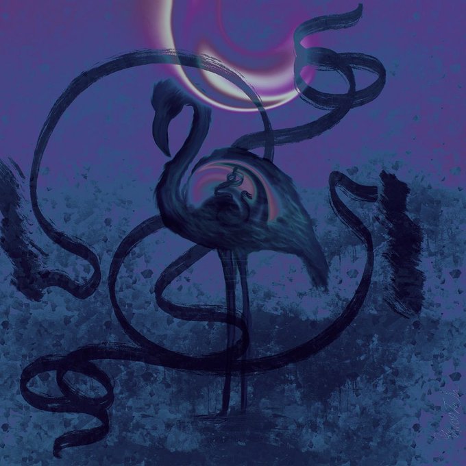 An abstract digital painting in dark blue and purple tones depicting swirling, fluid, organic shapes surrounding a central pinkish orb, resembling tentacles or smoke against a textured background.