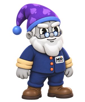 A cartoon mascot of an elderly wizard-like character with a white beard, glasses, and a purple star-patterned pointed hat wears a blue uniform with a 'MOD HOUSE' patch on the chest.