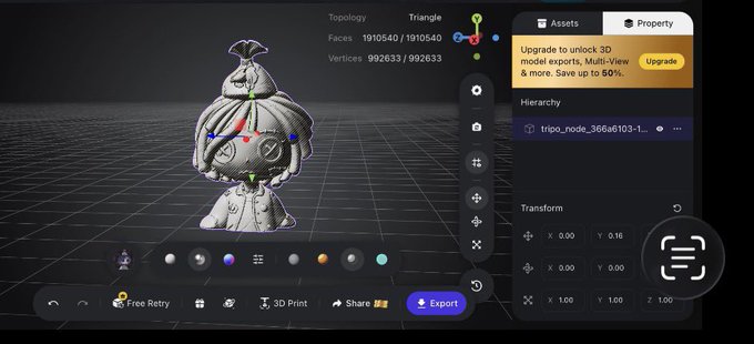 A 3D modeling software interface showing a gray character model with 'Triangle' topology, '1910540 / 1910540' faces, '992633 / 992633' vertices, and controls for 'Free Retry,' '3D Print,' 'Share,' and 'Export.'