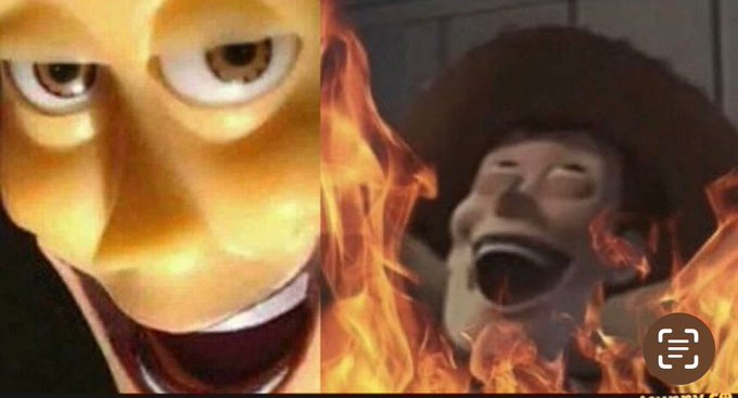 A fiery meme image showing a grinning yellow face on the left and a screaming woman engulfed in flames on the right, representing an 'epic meltdown' reaction.